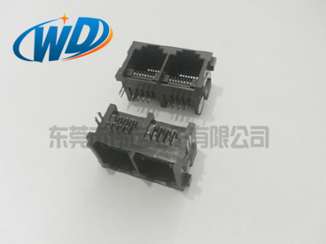 90度侧插 1X2立式 双口RJ45带鱼叉定位RJ45网络接口