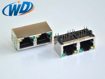 东莞RJ45厂家 1X2 双联体56系列带灯带屏蔽壳 8P8C